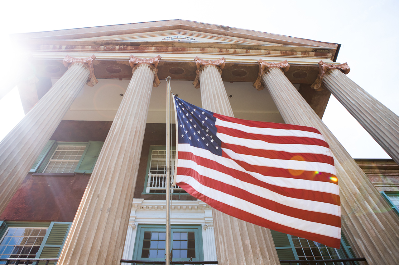 randolph hall with flag