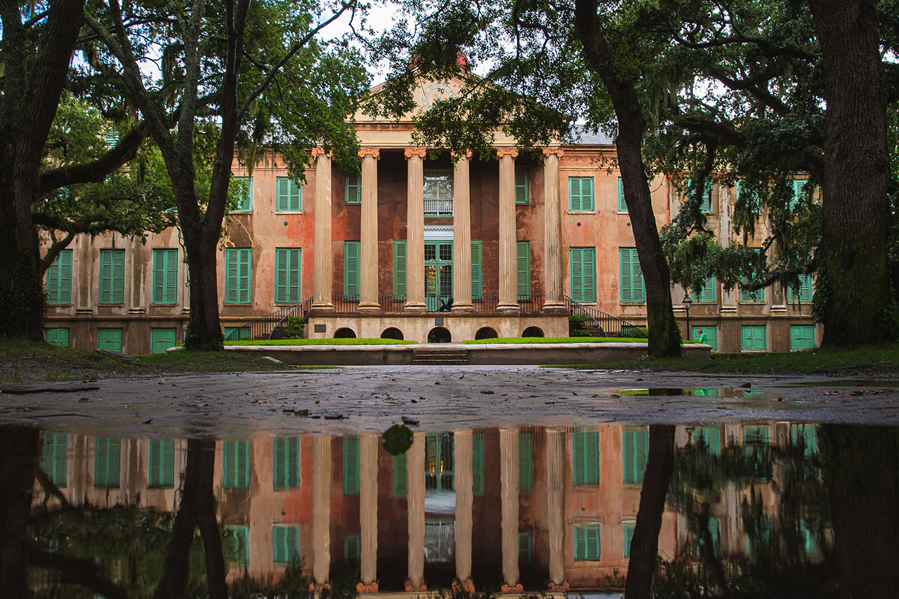 Randolph Hall in rain