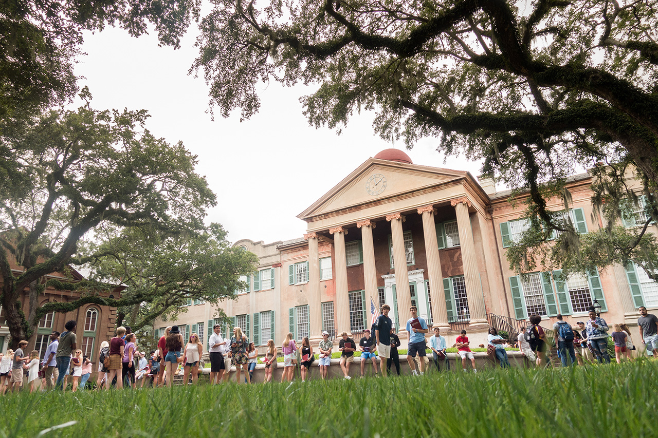 students in cistern yard