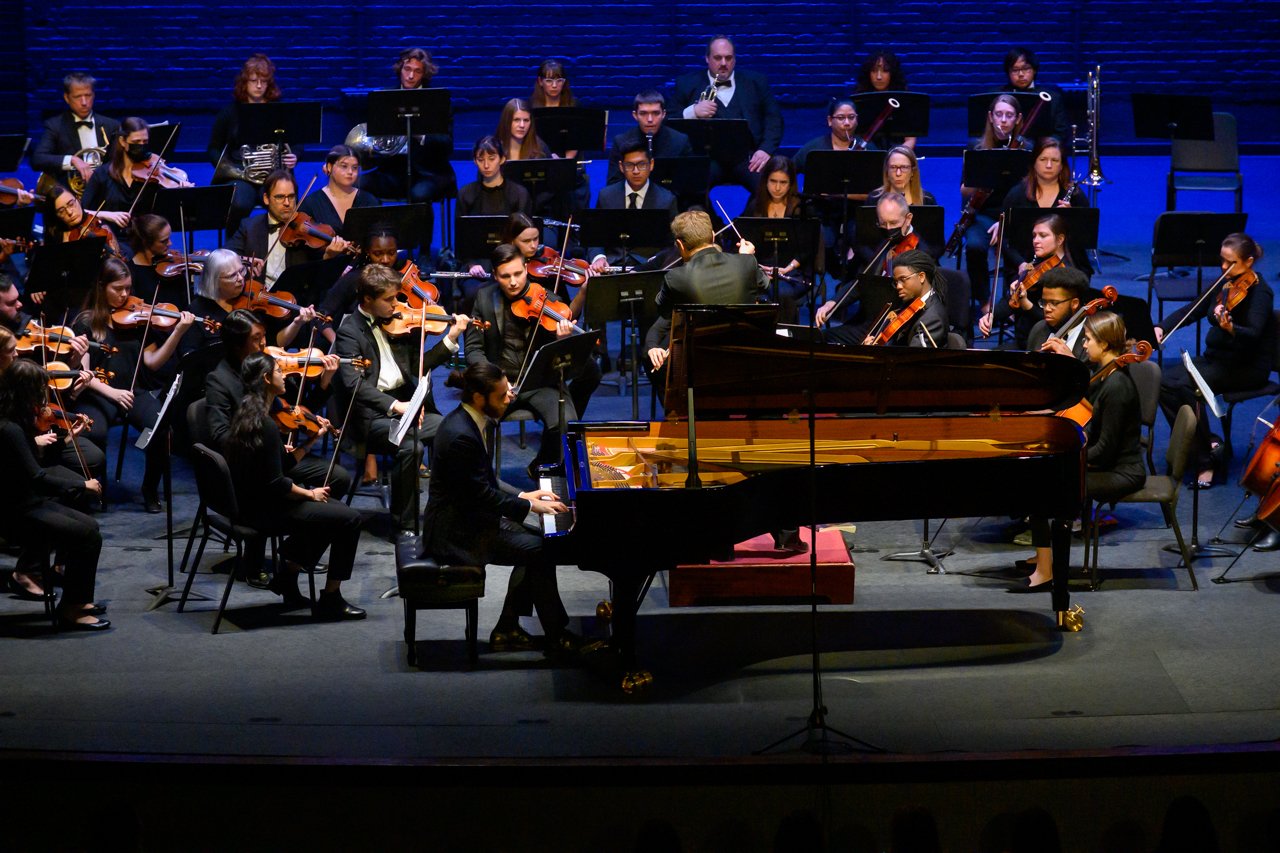 College of Charleston Orchestra Spring concert headlining renowned Grammy Award-winning violinist Augustin Hadelich in a performance of Tchaikovsky's Violin Concerto, op 35. Conducted by Yuri Bekker and presented by the Department of Music at the Sottile Theatre.