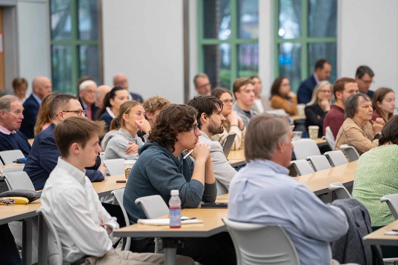 students and professors come together to listen to Mroz Global Leadership Summit
