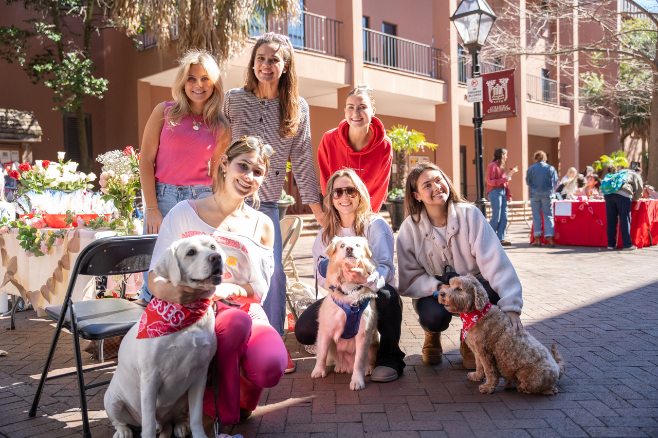 Sorority girls with their doggies on Valentines Day 