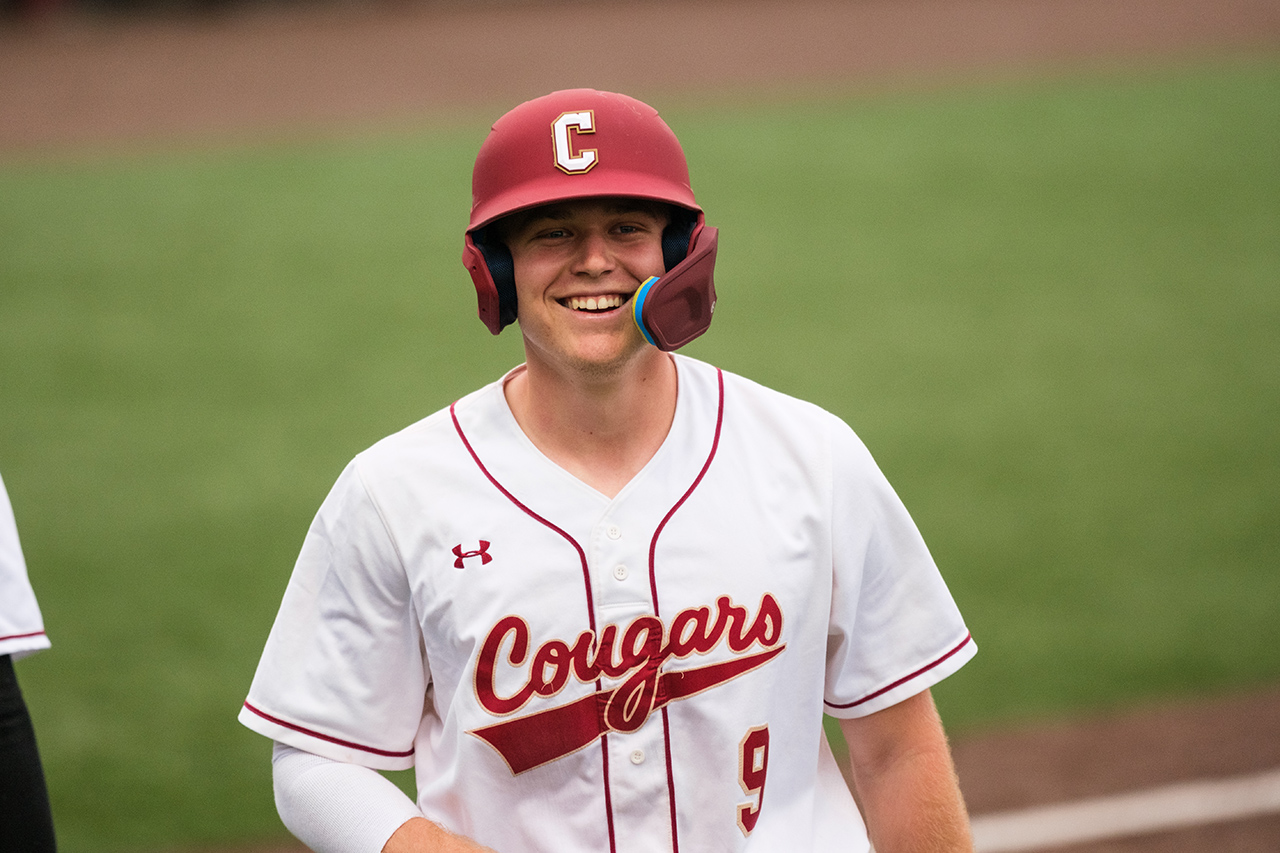 player smiles on baseball field