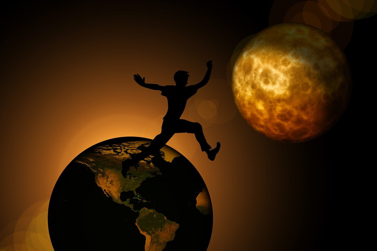 person jumping from Earth to the Moon