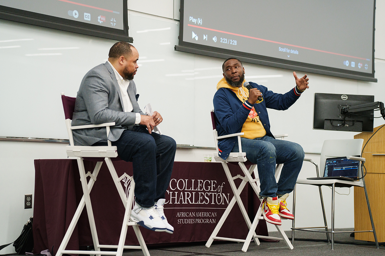 Grammy award winning producer and DJ 9th Wonder speaks to students as part of an artist in residence series at the College of Charleston. 9th Wonder speaks to students as part of an artist in residence series at the College of Charleston.