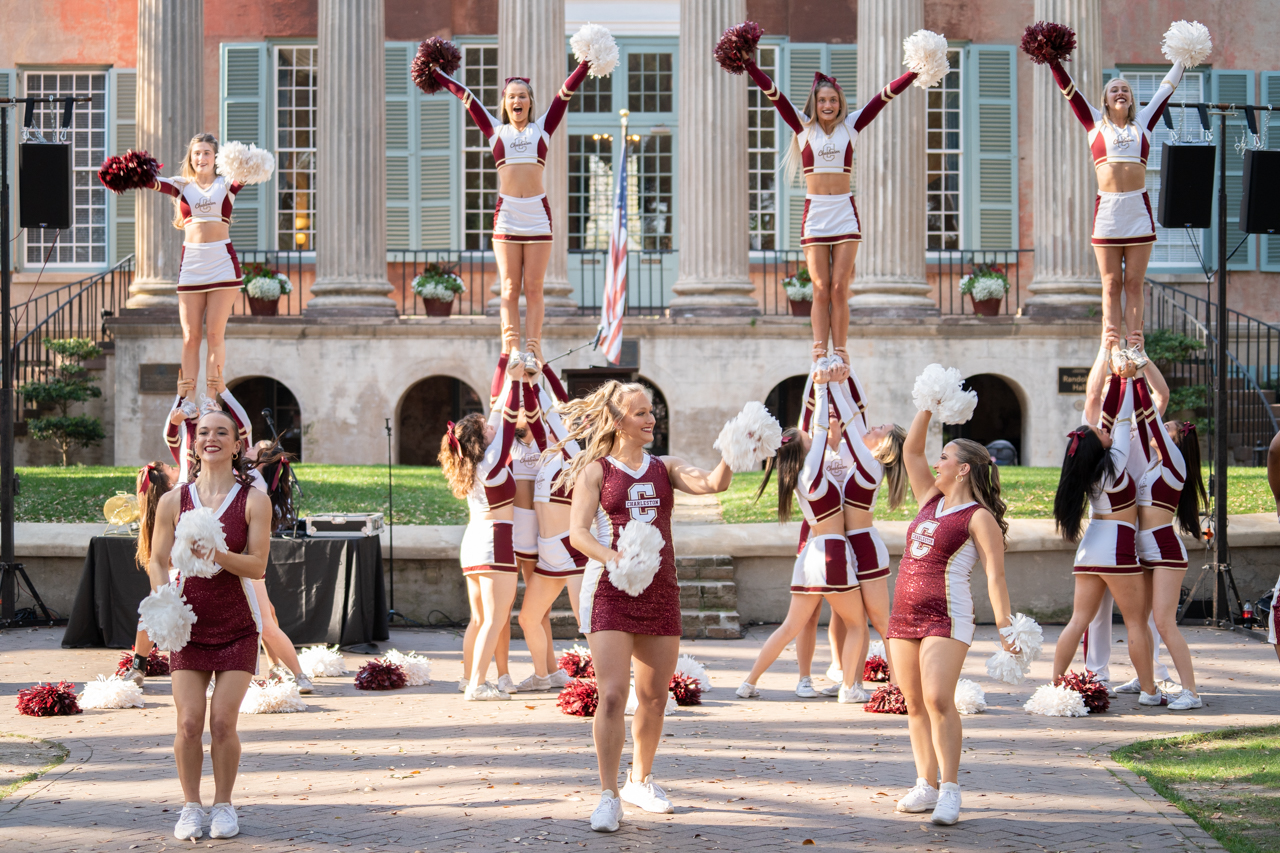 Cheerleaders celebrate the College of Charleston in the Cistern Yard 