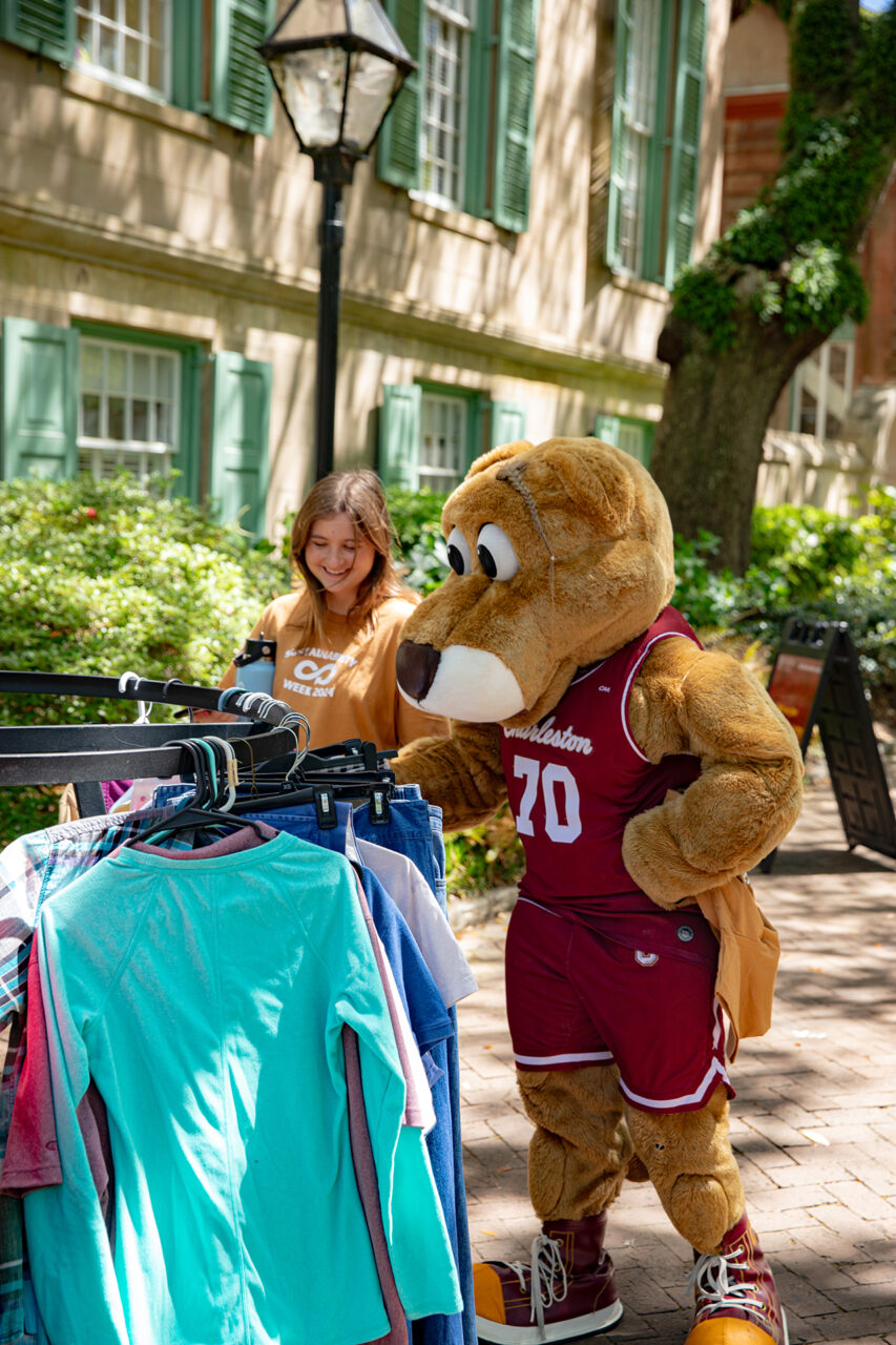 Mascot Clyde shopping the Free Store at Sustainability Fair. 