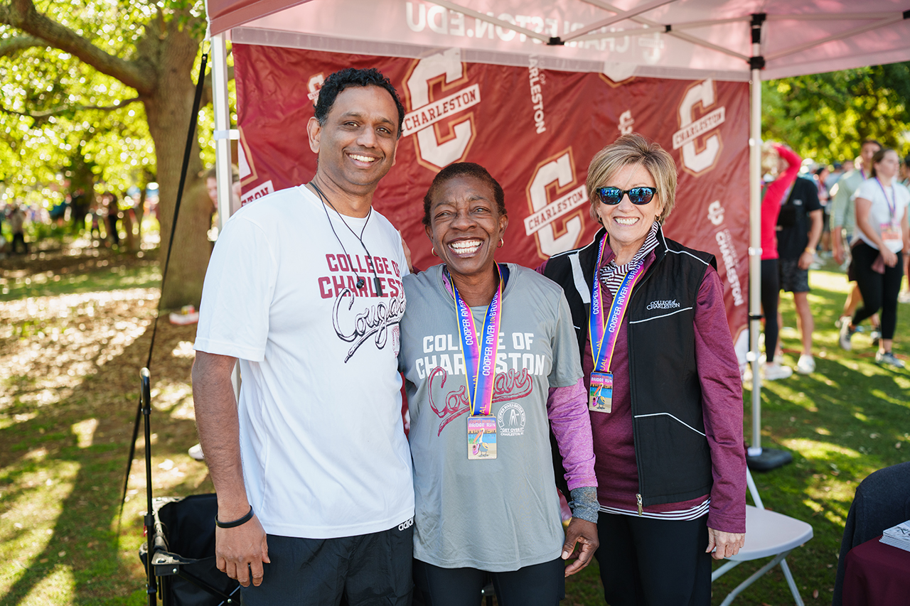 posing at the end of the bridge run