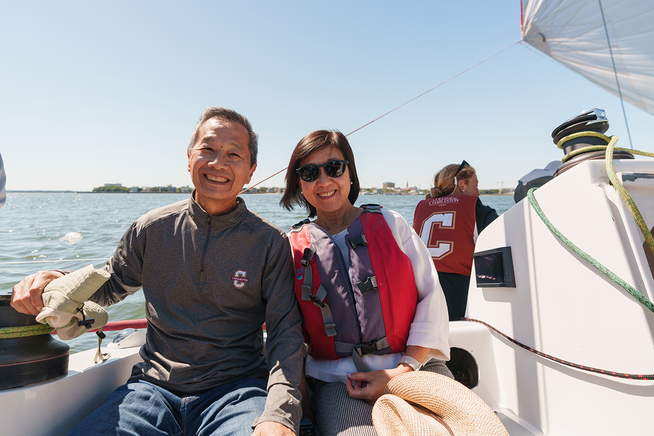 President Hsu and the First Lady sail with the CofC Sailing Team
