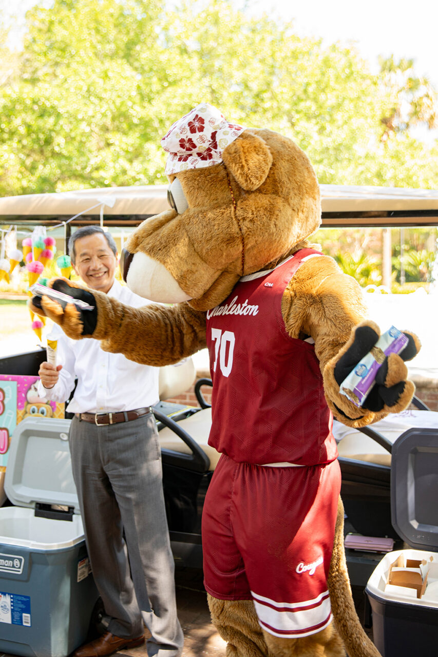 Mascot Clyde at Scoops with Hsu.