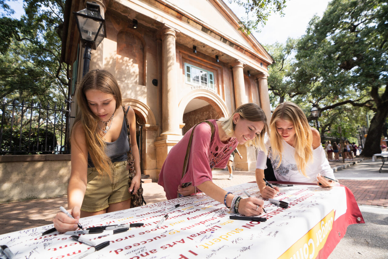 Students gather for convocation in the Cistern Yard 