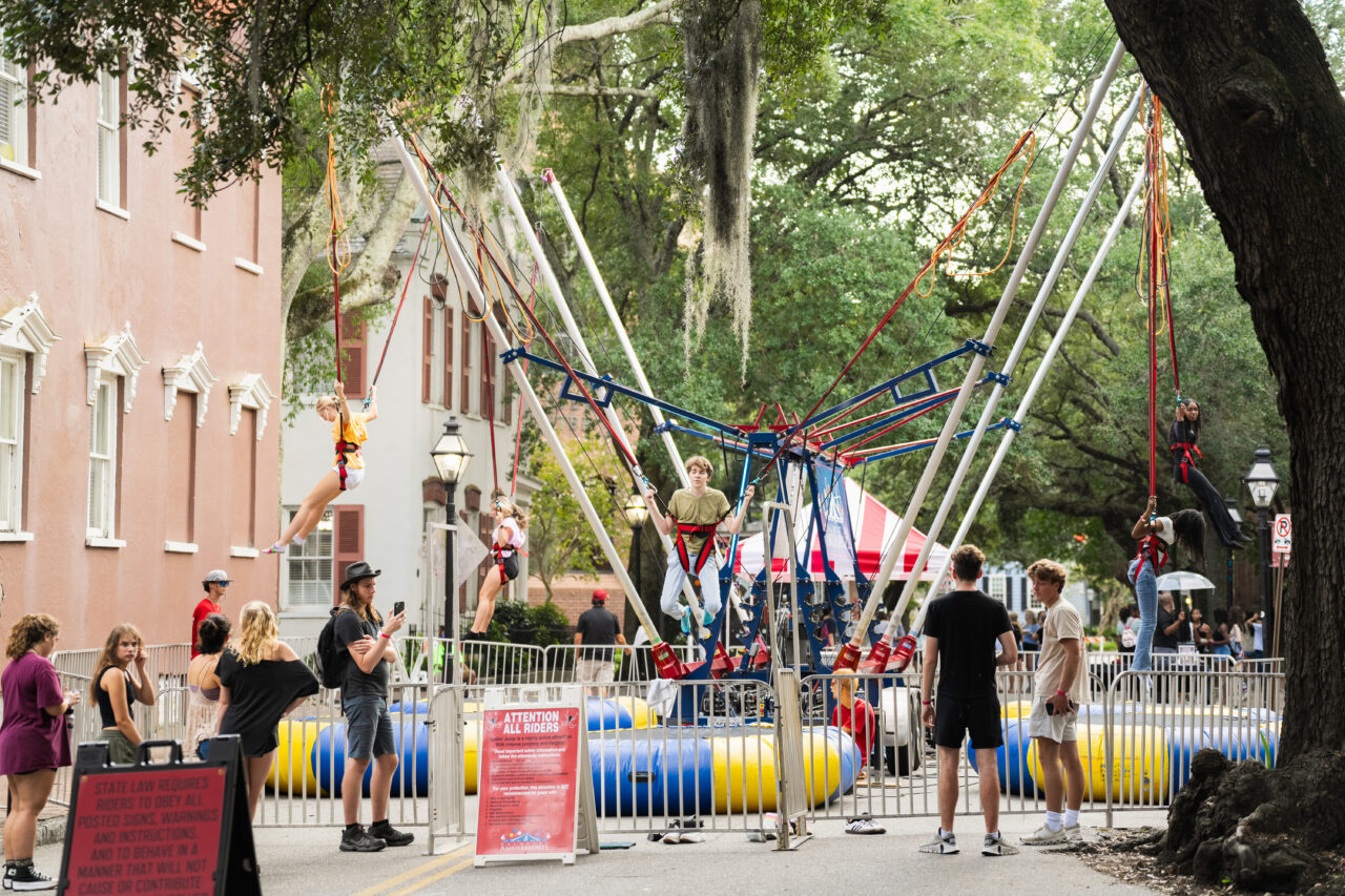 Students celebrate Maroon Mayhem in the Cistern Yard at College of Charleston.