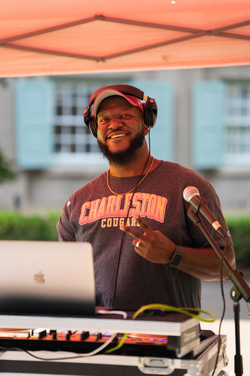 Dj at  Maroon Mayhem in the Cistern Yard at College of Charleston.