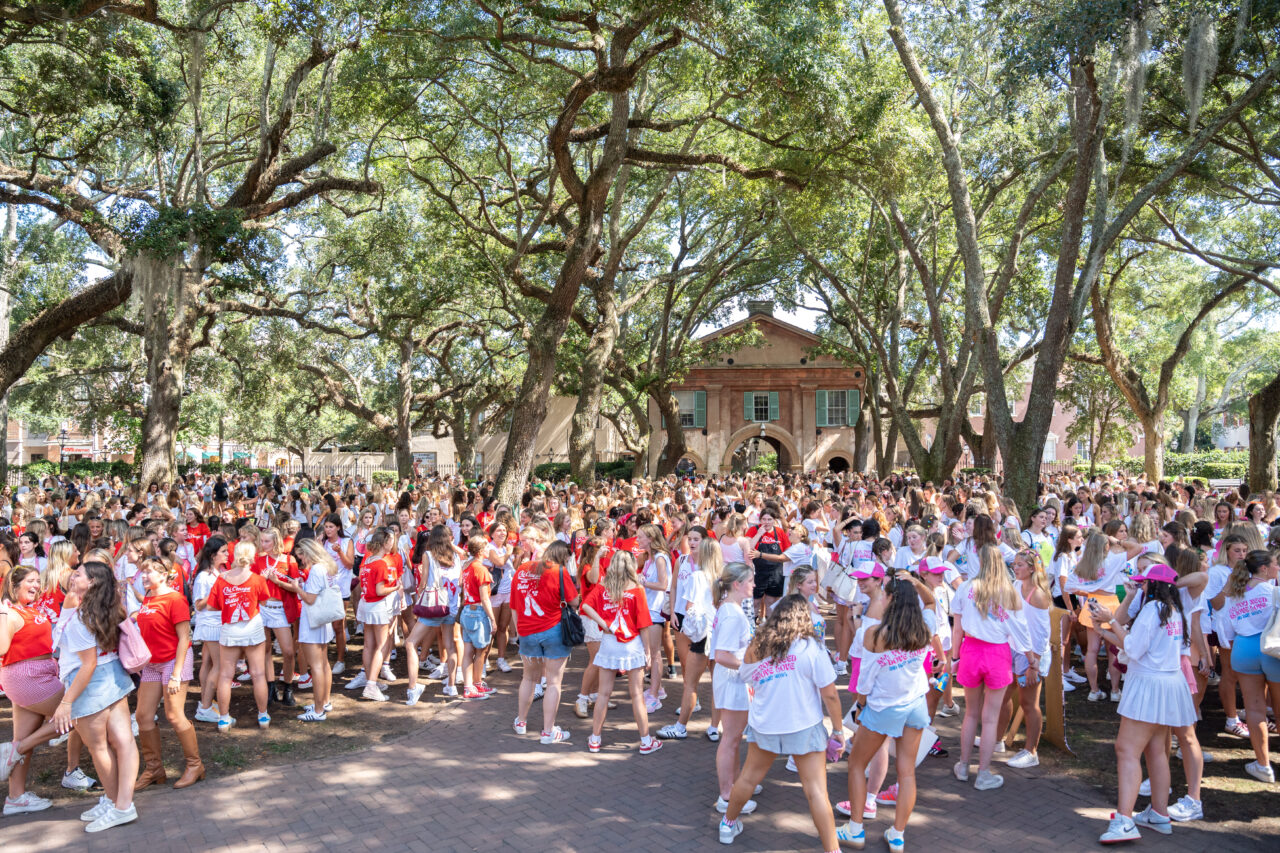 Overview of Panhellenic Bid Day in the Cistern Yard 