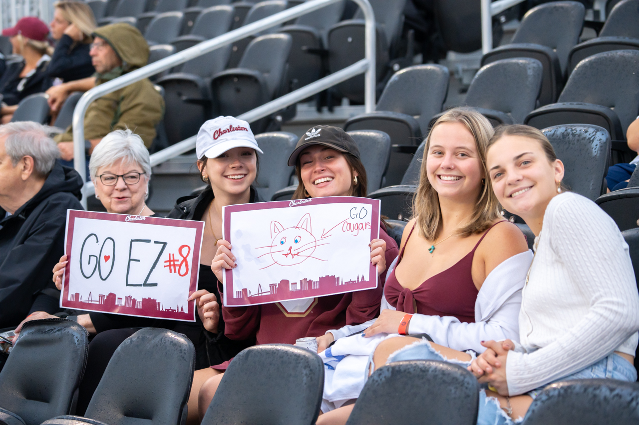 students gather to cheer on the Men's soccer game on Friday night 