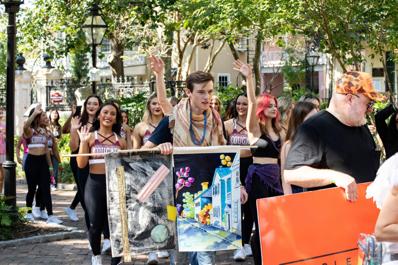 Halsey Art in Motion Parade featuring artist banners and local organizations and musicians.