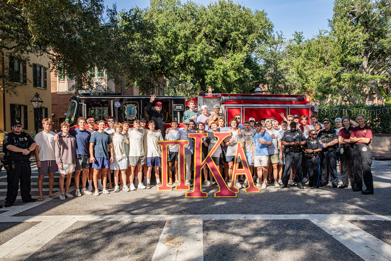 Group picture of the Pi Kappa Alpha fraternity at their annual Fire Truck Pull event.