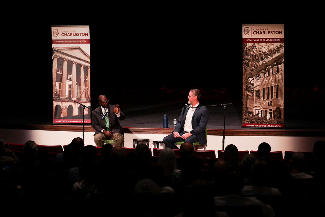 Jamelle Bouie, NYT columnist, and Mike Lee, director of Civility Initiative speak about the polarization of America at Civility Initiative event in Sottile Theatre.