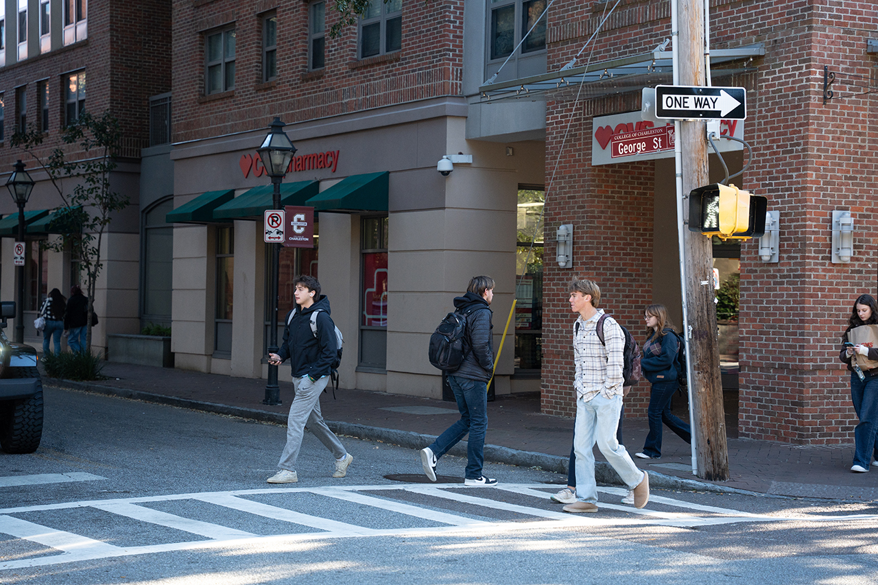 walking to class by the CVS on campus