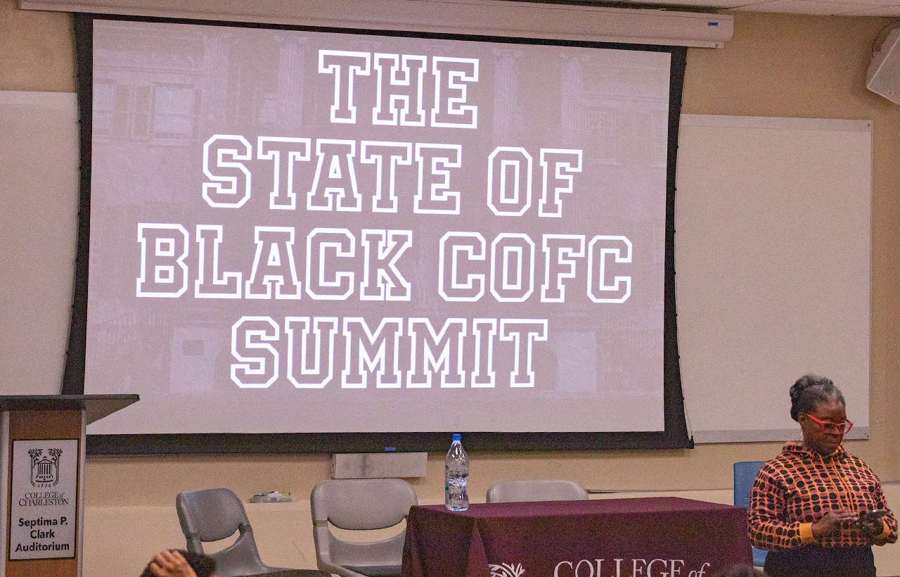 Students, faculty, staff, and other community partners gather to speak about the experiences of Black people at CofC at State of Black Summit in Septima Clark Auditorium.