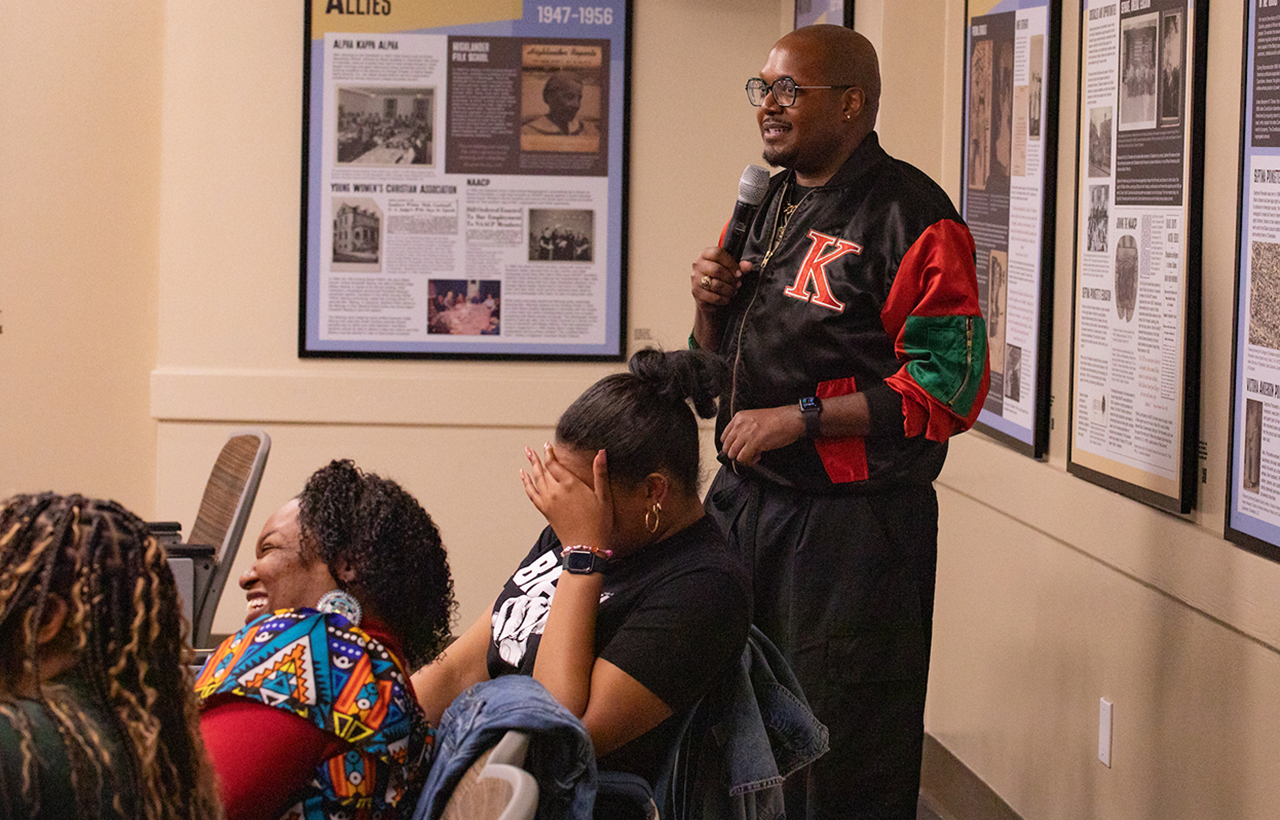 Students, faculty, staff, and other community partners gather to speak about the experiences of Black people at CofC at State of Black Summit in Septima Clark Auditorium.