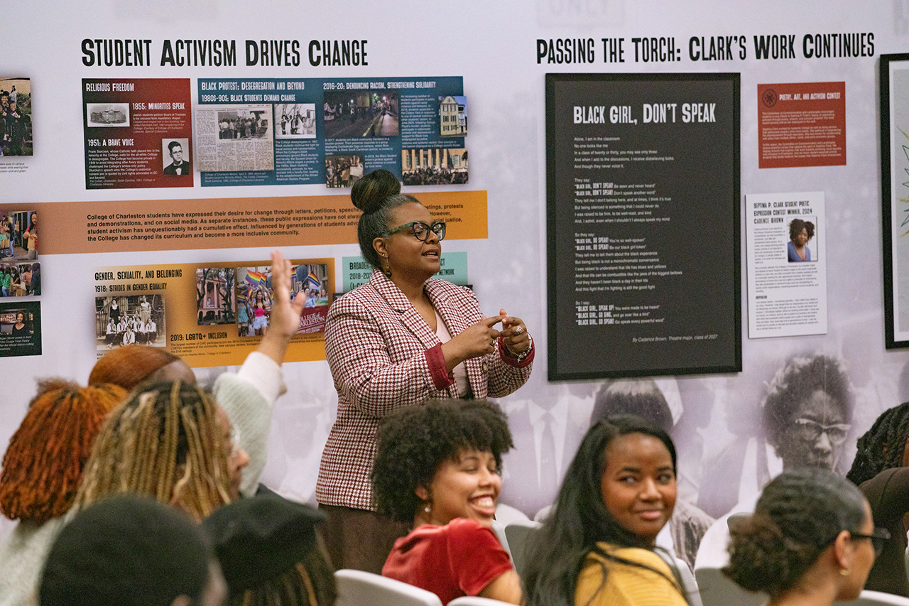 Students, faculty, staff, and other community partners gather to speak about the experiences of Black people at CofC at State of Black Summit in Septima Clark Auditorium.