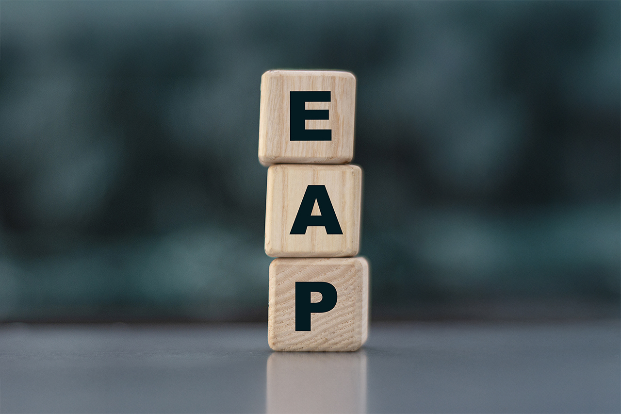 EAP - acronym on wooden cubes on a blurr gray background