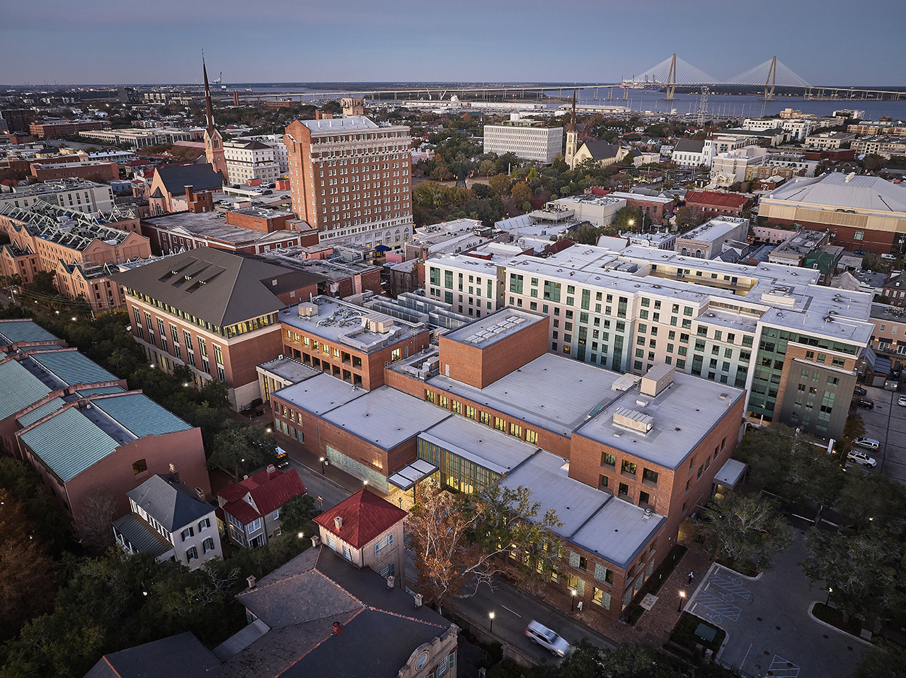 aerial photo of the new Simons Center for Arts at the College of Charleston 