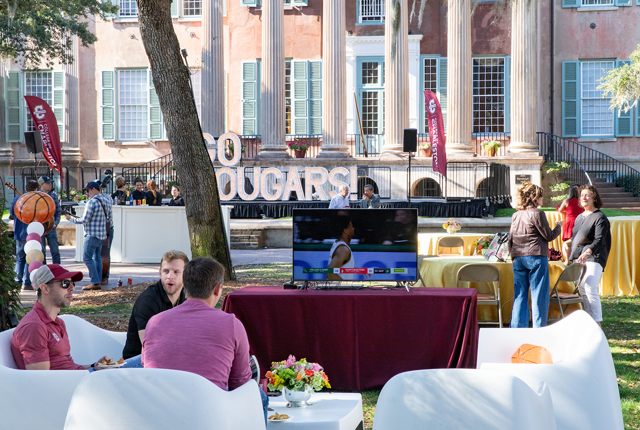 Guests of the Cougar Tailgate Party enjoy the food and atmosphere of the tailgate in the Cistern before the final Men's Basketball game of the 2025 season.