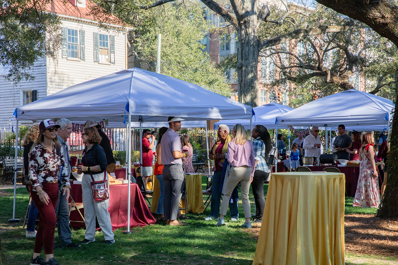 Guests of the Cougar Tailgate Party enjoy the food and atmosphere of the tailgate in the Cistern before the final Men's Basketball game of the 2025 season.