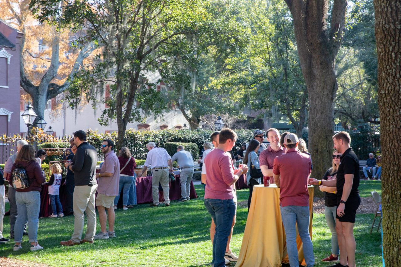 Guests of the Cougar Tailgate Party enjoy the food and atmosphere of the tailgate in the Cistern before the final Men's Basketball game of the 2025 season.