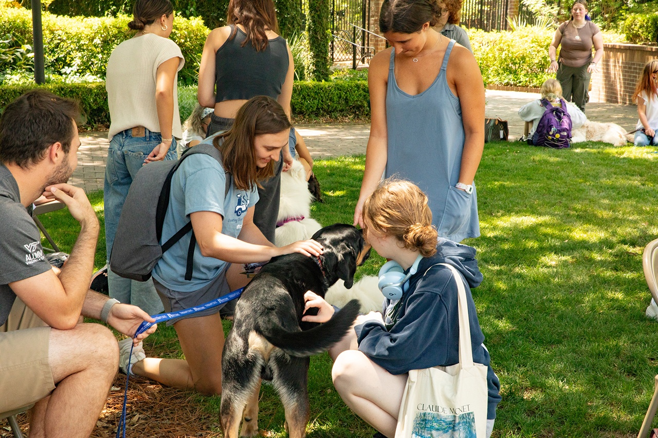 Students attend the Stress Relief Fair in Rivers Green where there are free crafts, food, and therapy dogs.