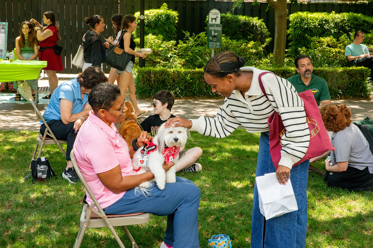 Students attend the Stress Relief Fair in Rivers Green where there are free crafts, food, and therapy dogs.