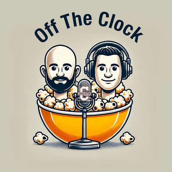an illustration of two men in popcorn bowl with a microphone and the words "off the clock"
