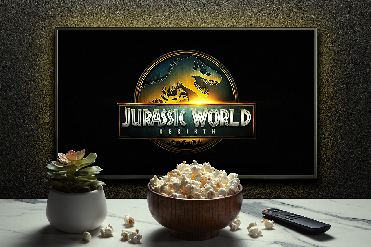Jurassic World Rebirth trailer or movie. TV with remote control, popcorn bowl and home plant.