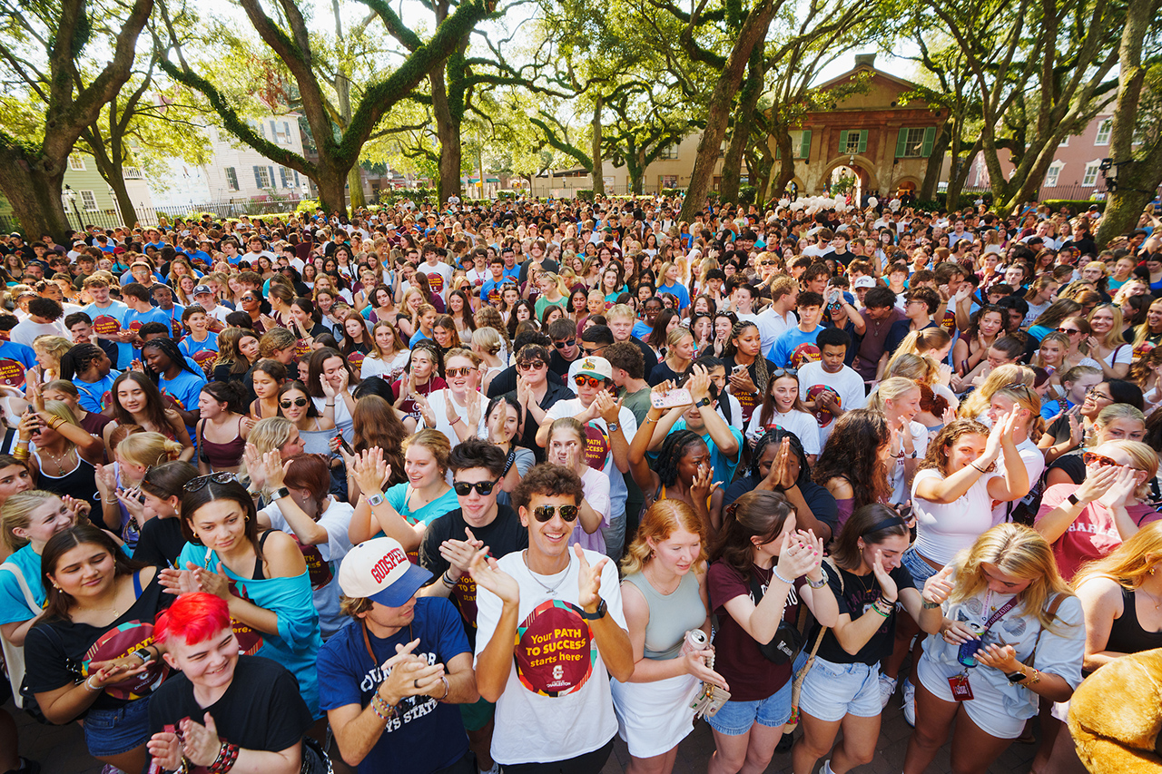 crowd of students in the cistern yard