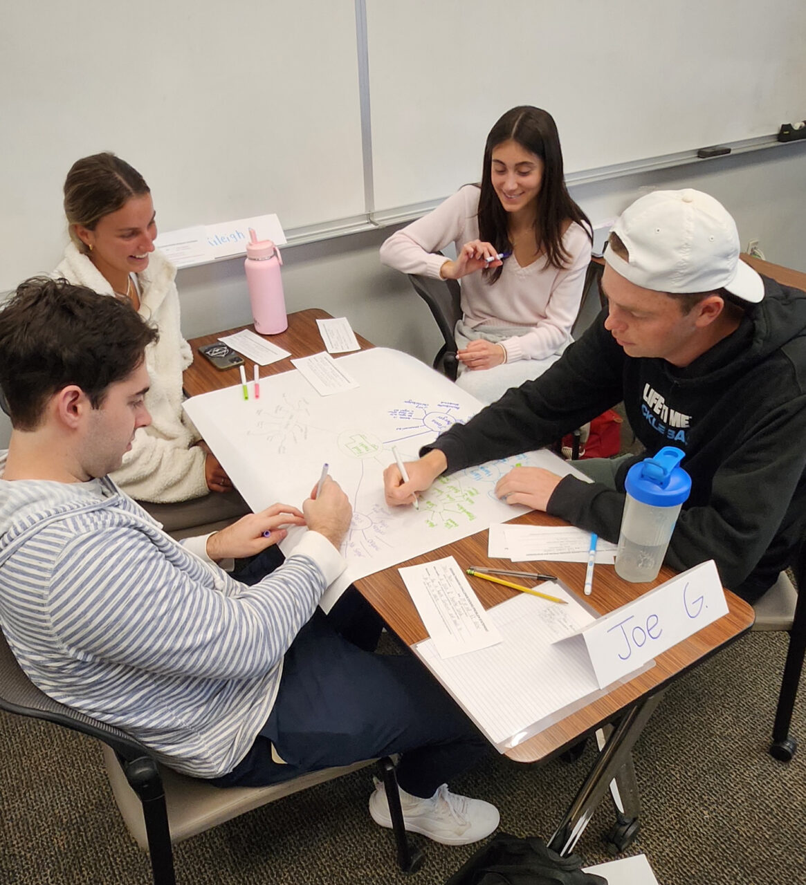 four people sit around a table writing on poster board