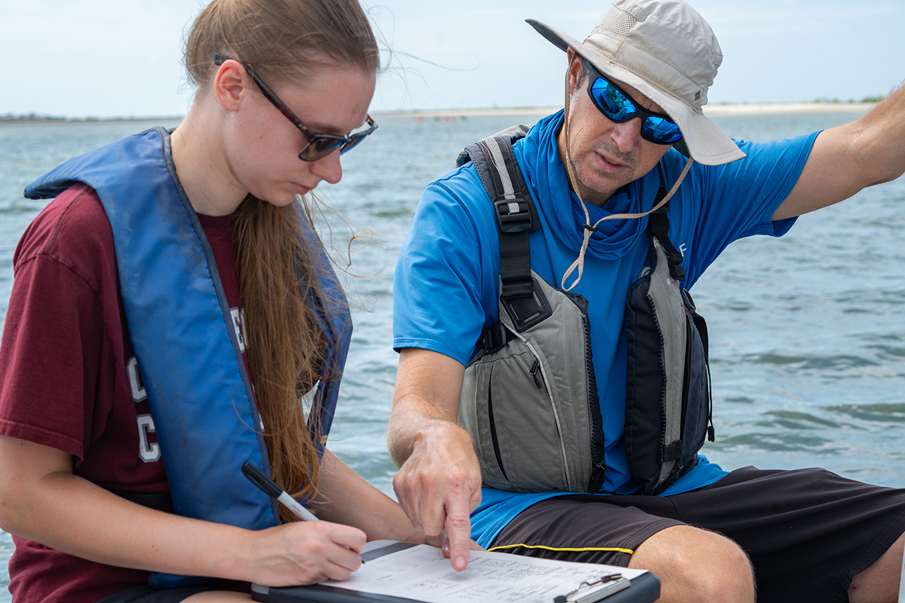 Leslie Hart, College Grad Students and the National Marine Mammal Foundation set out on the Charleston Harbor to research Dolphins. Permit No. 24359