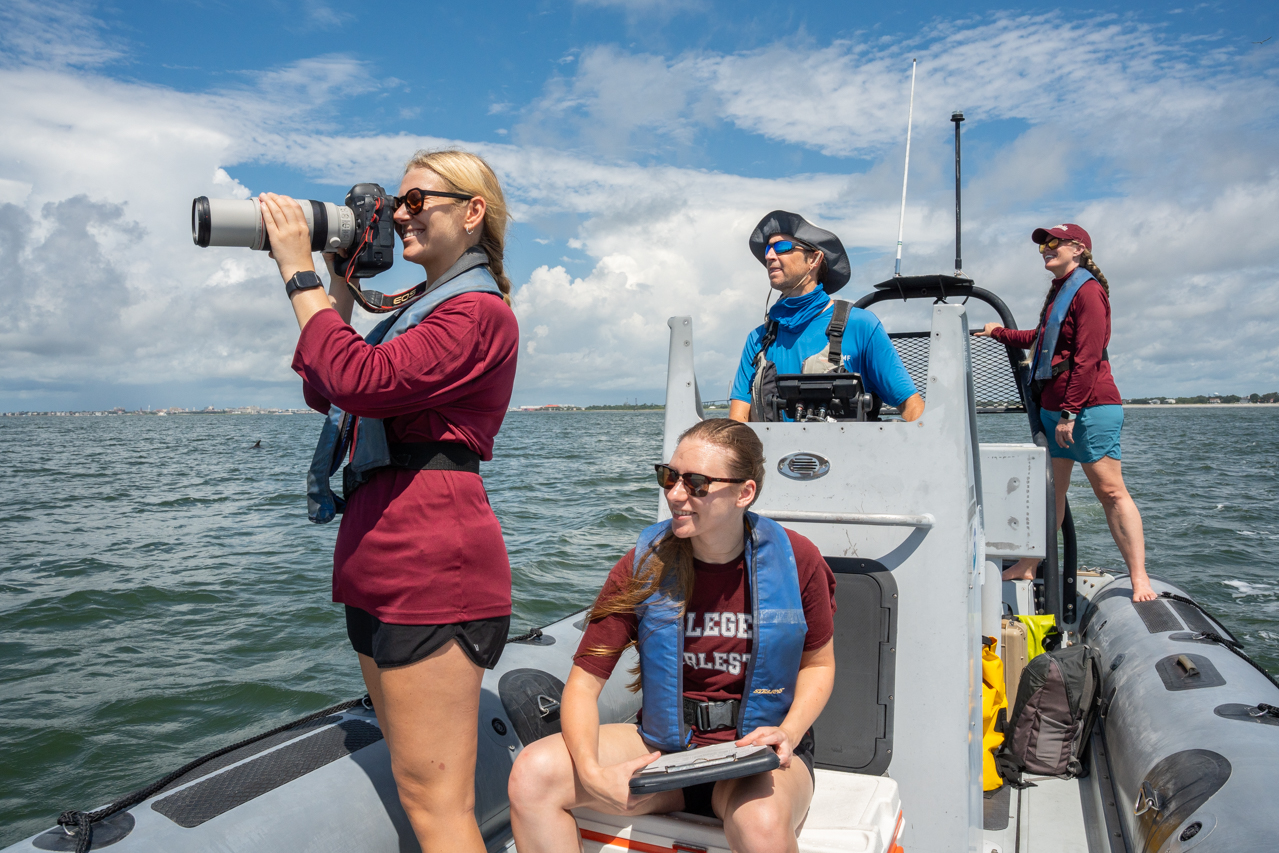 Leslie Hart, College Grad Students and the National Marine Mammal Foundation set out on the Charleston Harbor to research Dolphins. Permit No. 24359