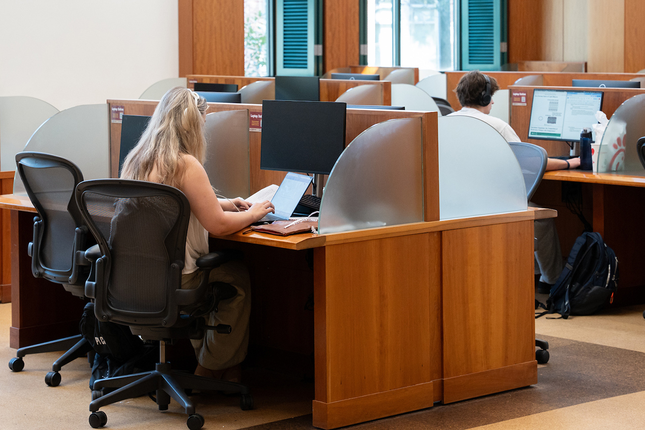 Students studying in the library for finals