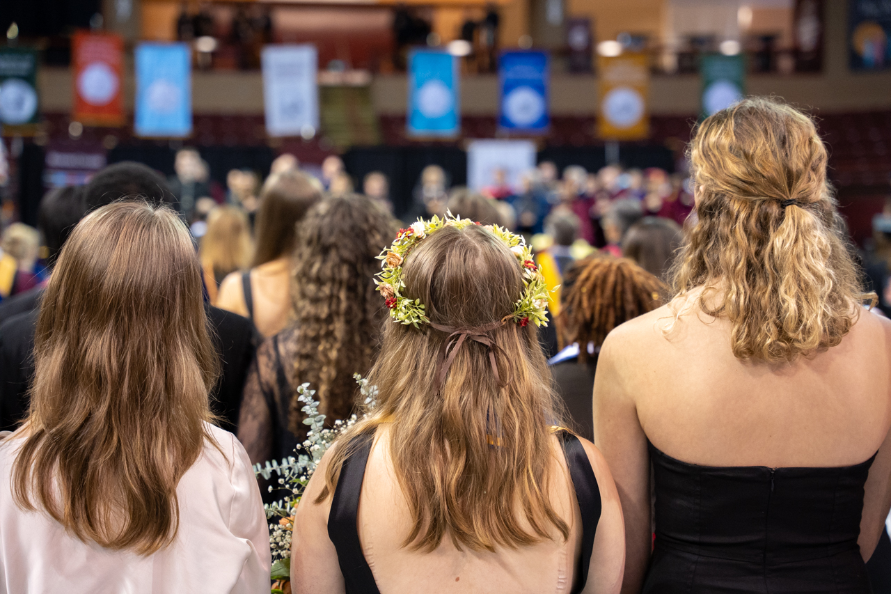 flower crown from behind looking towards commencement stage