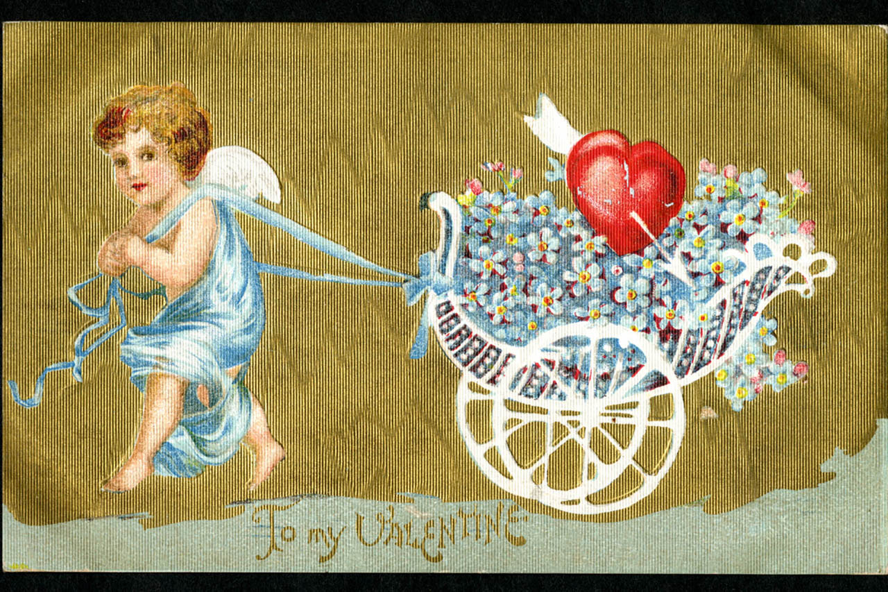 1910 Postcard. Valentine commemorative - illustration of an angel pulling a cart of flowers and an arrow-pierced heart. Mailed from Charleston, South Carolina. Collection Title: Bettie La Barbe Postcard Collection Contributing Institution: The Charleston Archive at Charleston County Public Library, provided by Lowcountry Digital Library.