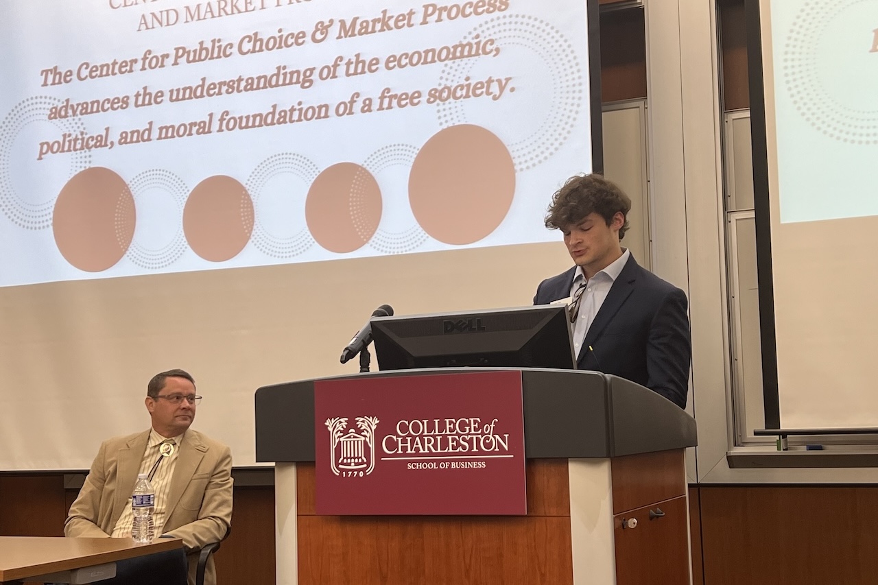 At the 2024 Adam Smith Week, Hunter Poe introduced Bart Wilson, professor of economics and law at Chapman University