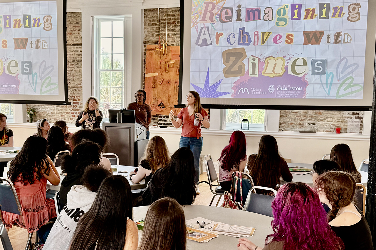 Avery archivists D’Aujai Kelley and Nate Hubler introduce the zine workshop and guide students in exploring how archives can inspire creative storytelling.
