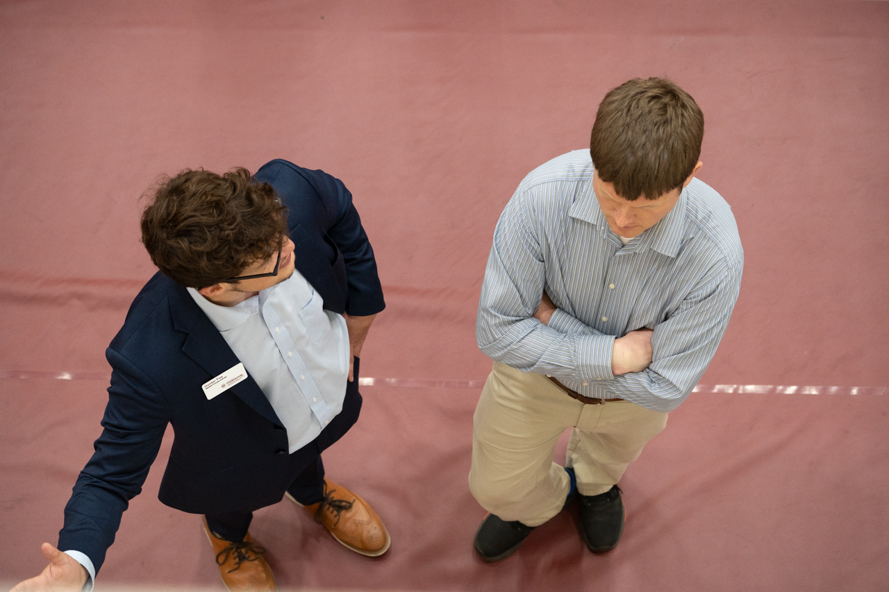 Looking down on two students from above 