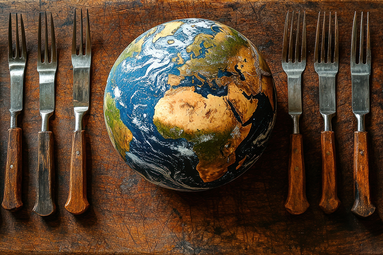 A globe surrounded by forks on a wooden board symbolizes consumption.