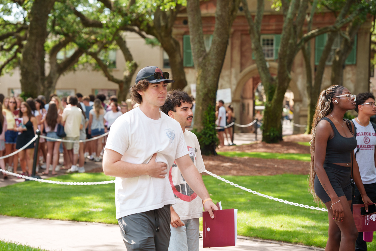 two male students walk together in the Cistern