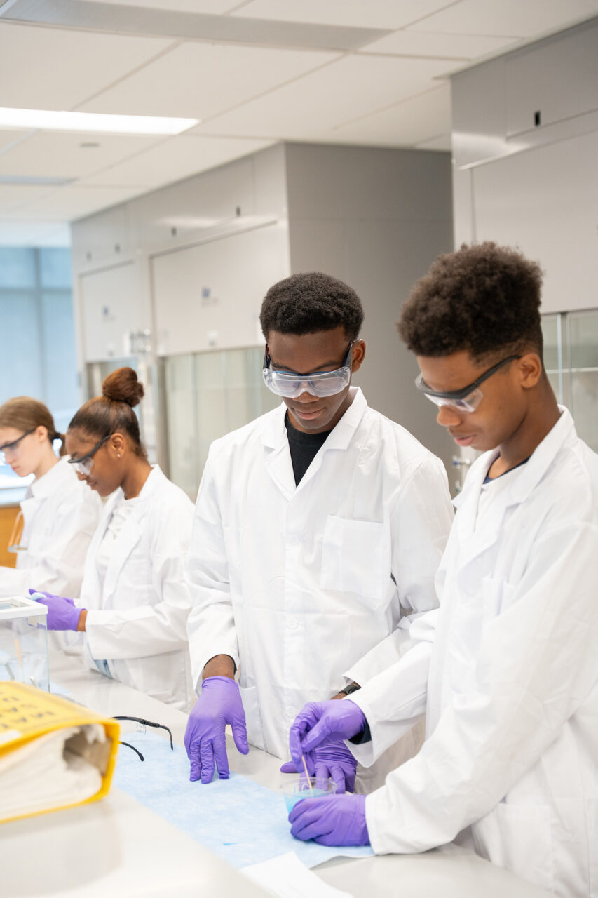 Two students in lab coats and gloves work in lab together