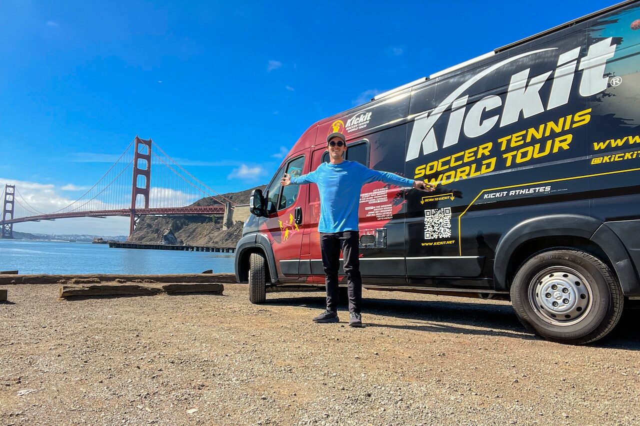 Eli Dent '17 in front of the Kickit Van in San Francisco