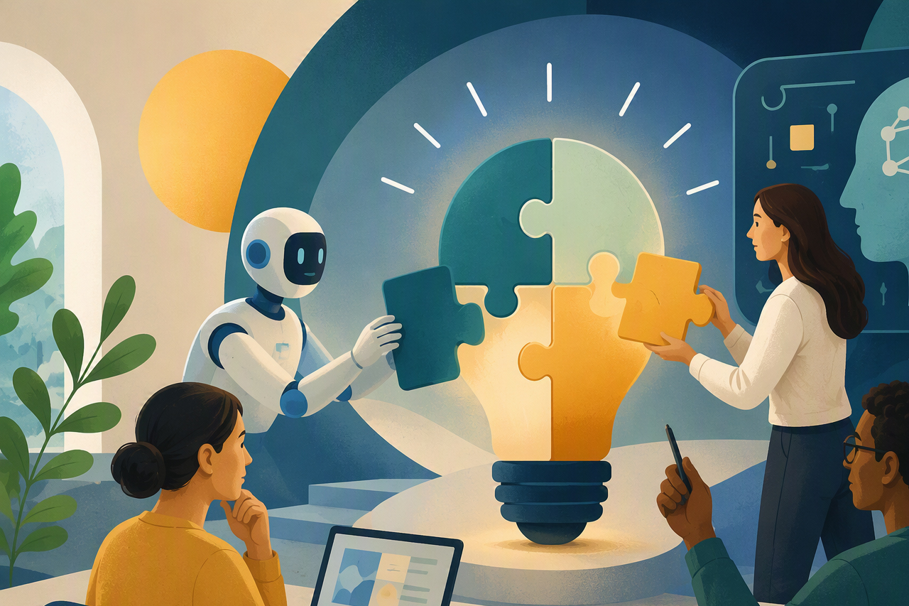intentional ai concept with robot, people and puzzle pieces